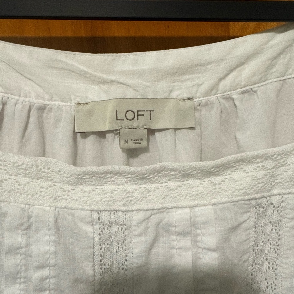 LOFT White Square-Neck Puff Sleeve Lace Babydoll Boho 100% Cotton Top Size M - Picture 4 of 8